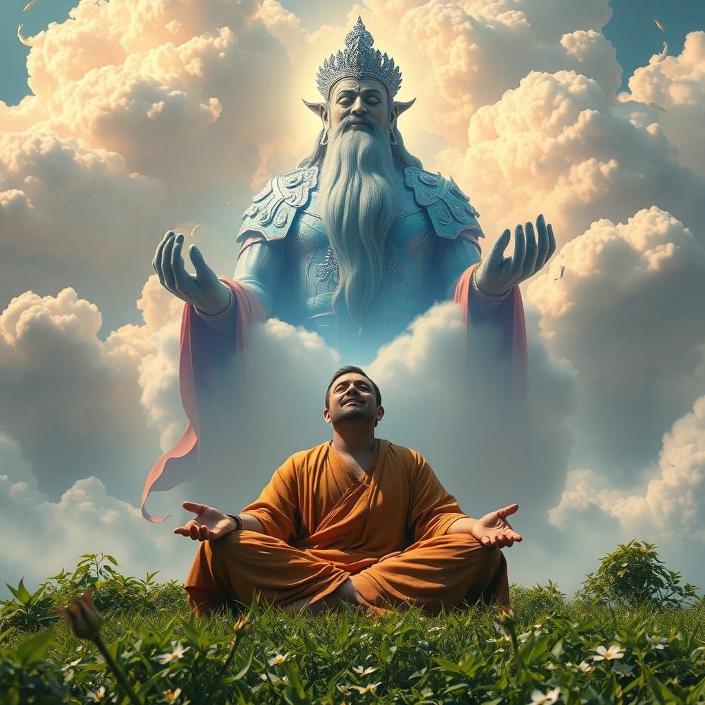 Serene Megalithic Deity in Heavenly Splendor