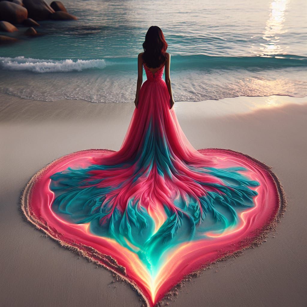 South Asian Woman in Heart-Glow Gown on Beach