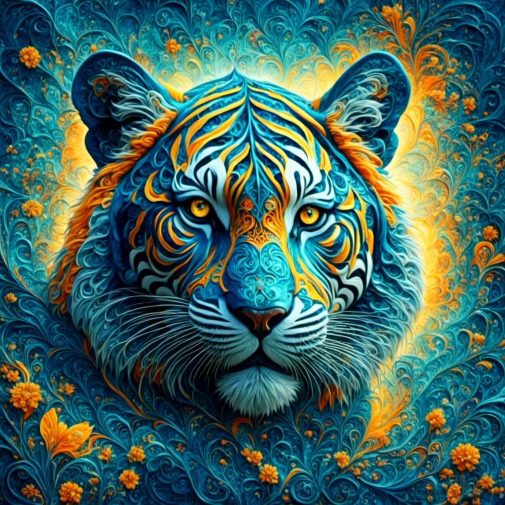 Surreal Blue Tiger Pouncing in Dreamscape