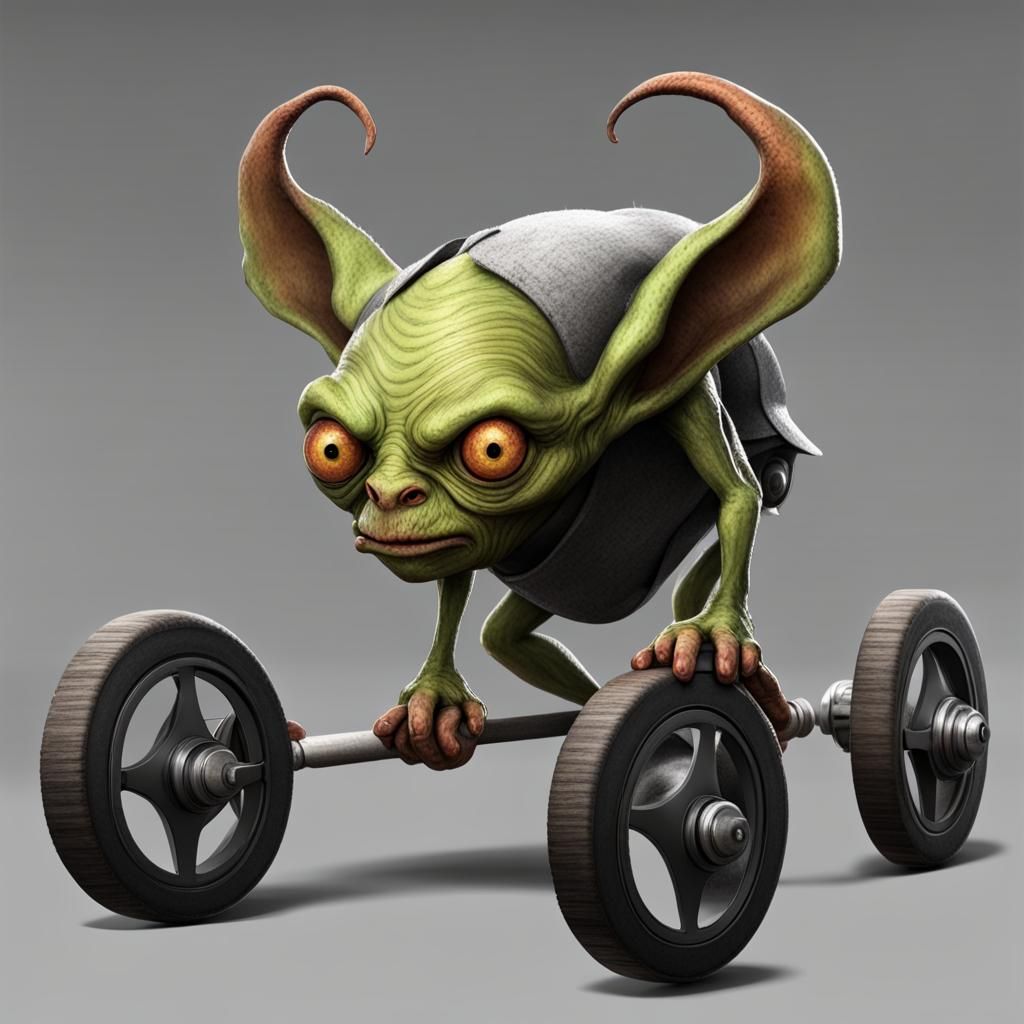 Goblin Creature with Wheels Instead of Legs