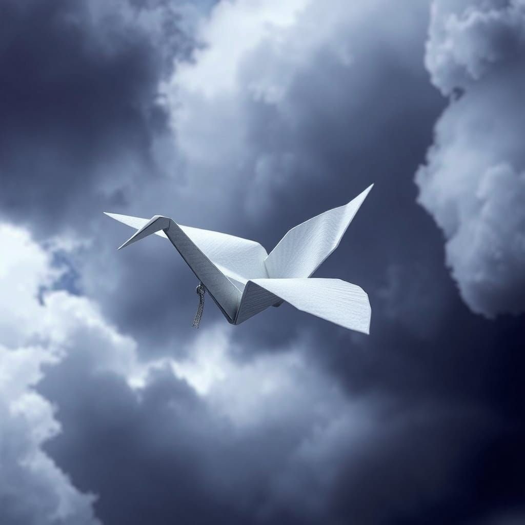 Origami Crane Soaring Through Storm Cloud
