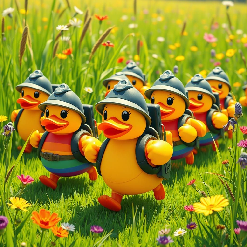 Rainbow Rubber Duck Army Runs Through Vibrant Meadow