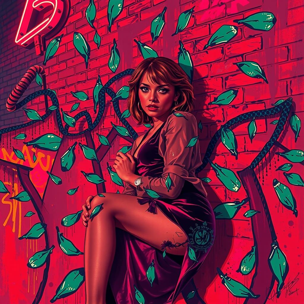 Striking Woman in Velvet Against Graffiti Wall