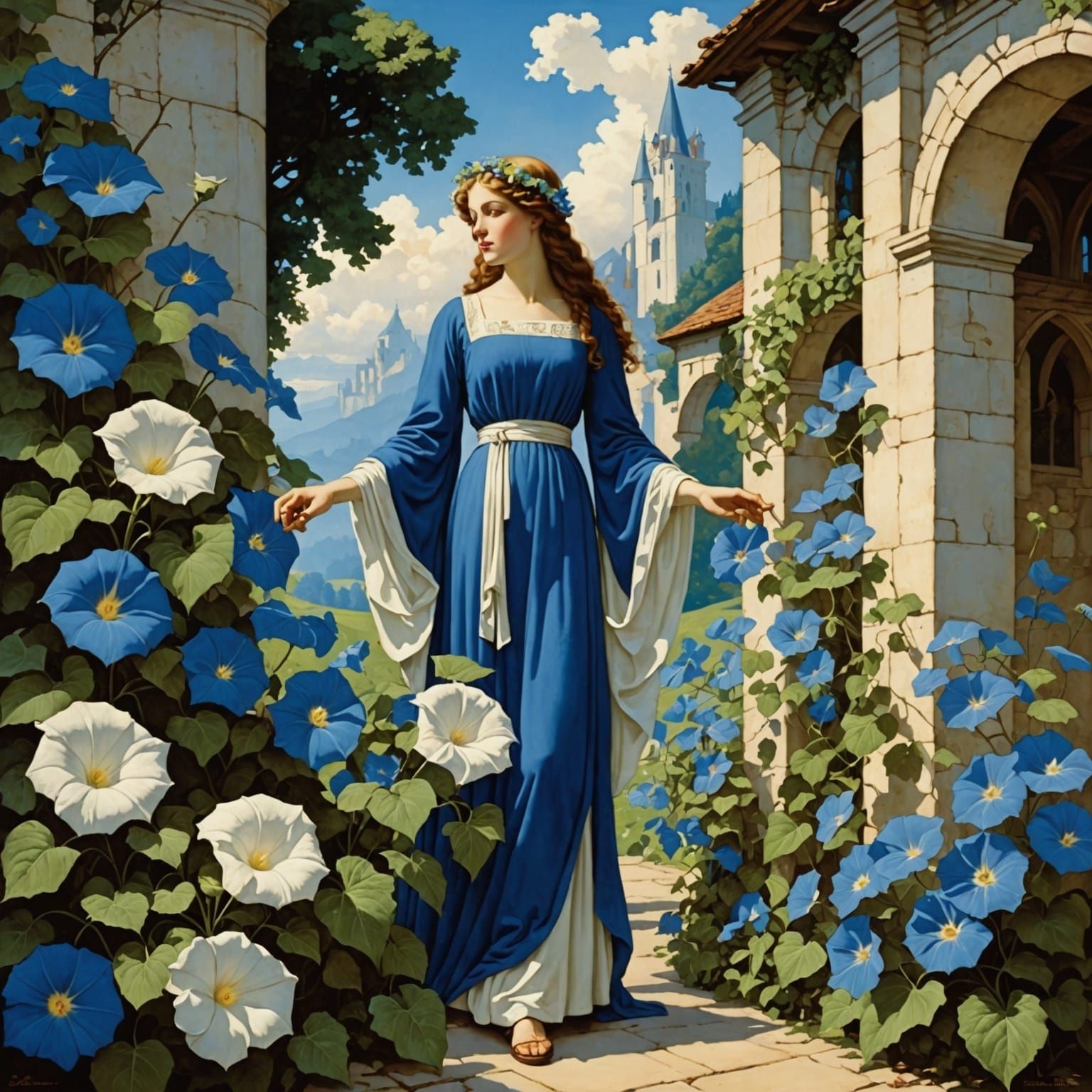 Medieval Blue and White Morning Glories