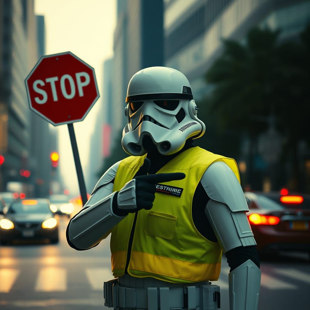 Cinematic Stormtrooper Crossing Guard in Moody Cityscape