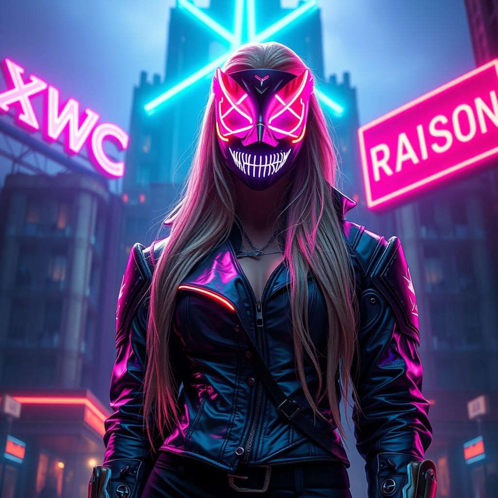 Confident Cyberpunk Goddess in Neon Mask and Metallic Jacket