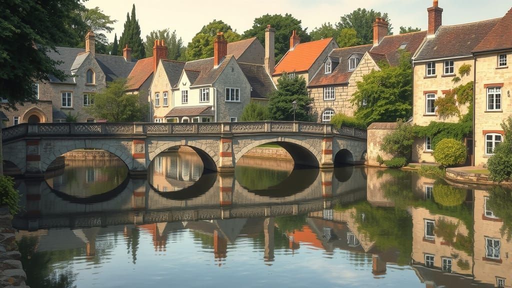 Idyllic English Village Scene with Arched Bridge