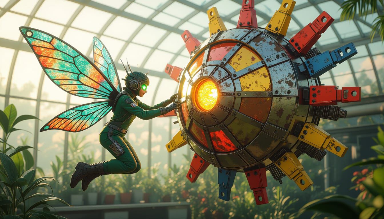 Robotic Sun Repair: Mechanic Fairy in Futuristic Greenhouse