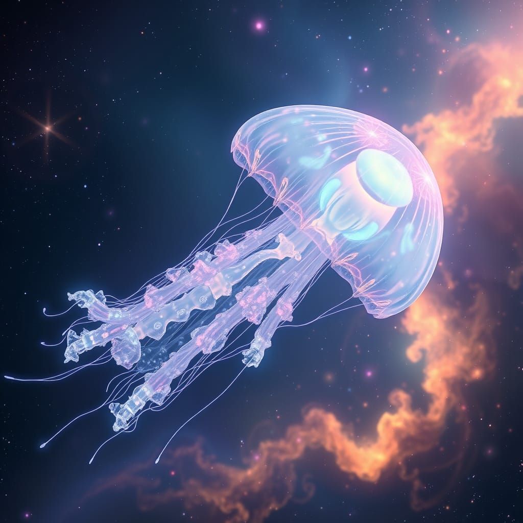 Opalescent Alien Jellyfish Drifting Through Nebula