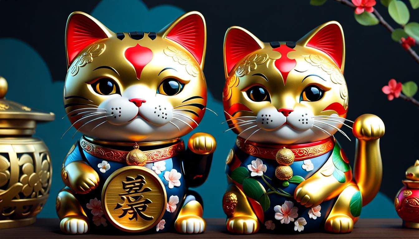 Lucky Cat Holding Fish, Digital Art