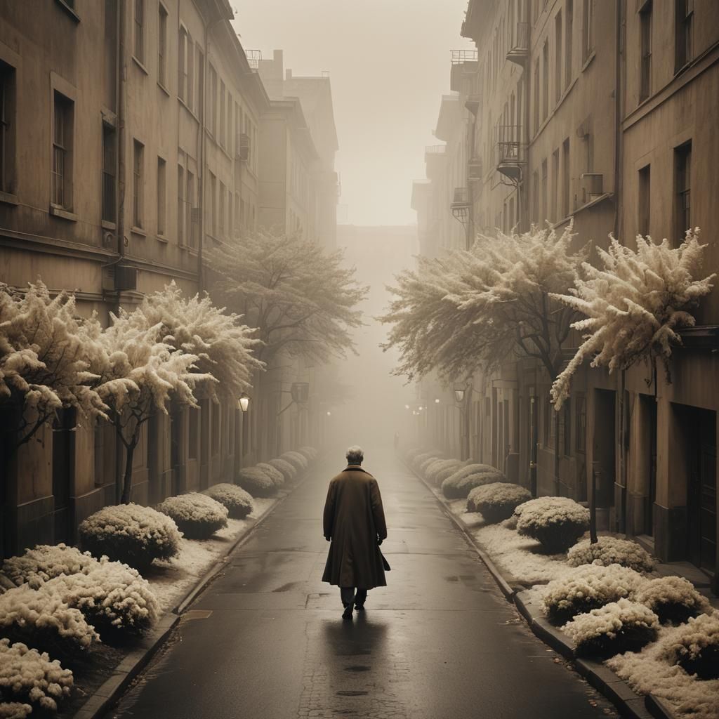 Gloomy Neoclassical City Street with Fog and White Bushes