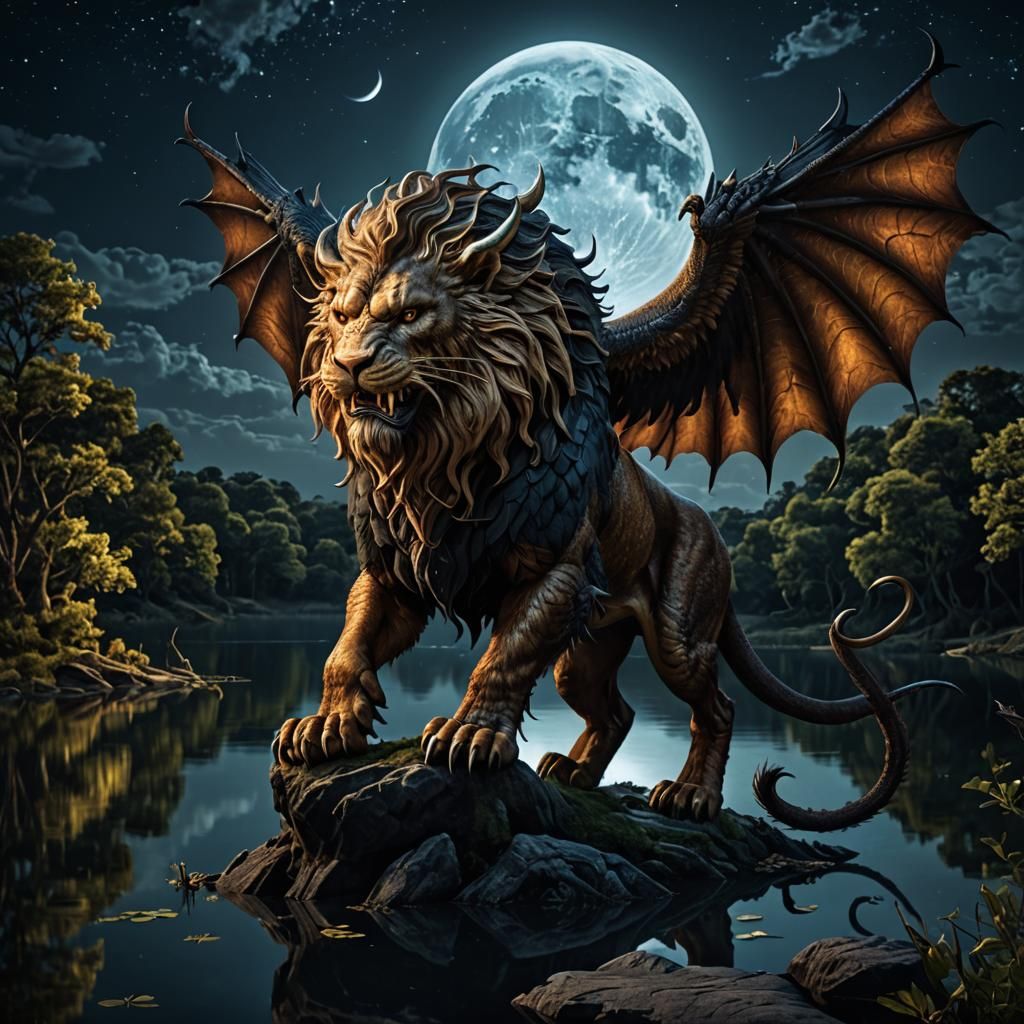 Mystical Manticore in Moonlit Lake: Fantasy Art
