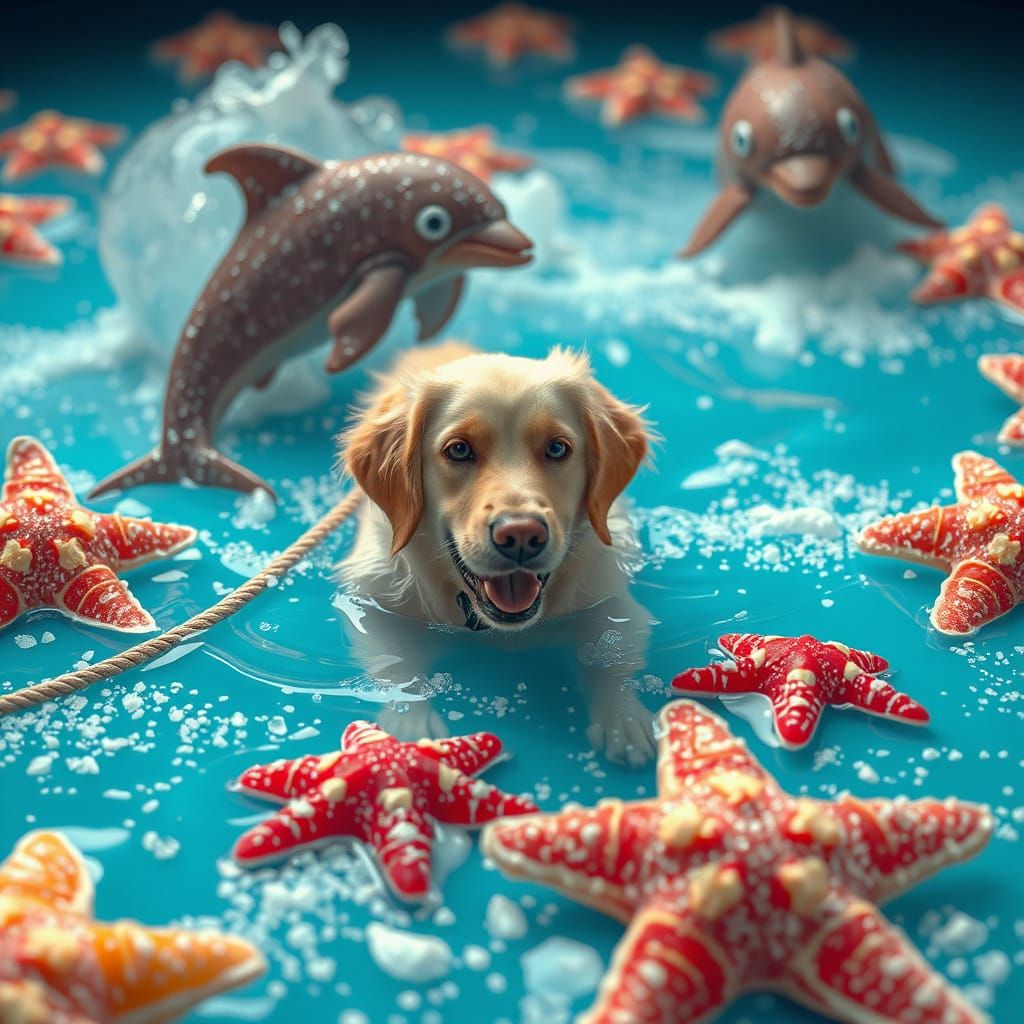 Golden Retriever Swims in Soda Amidst Gummy Dolphins