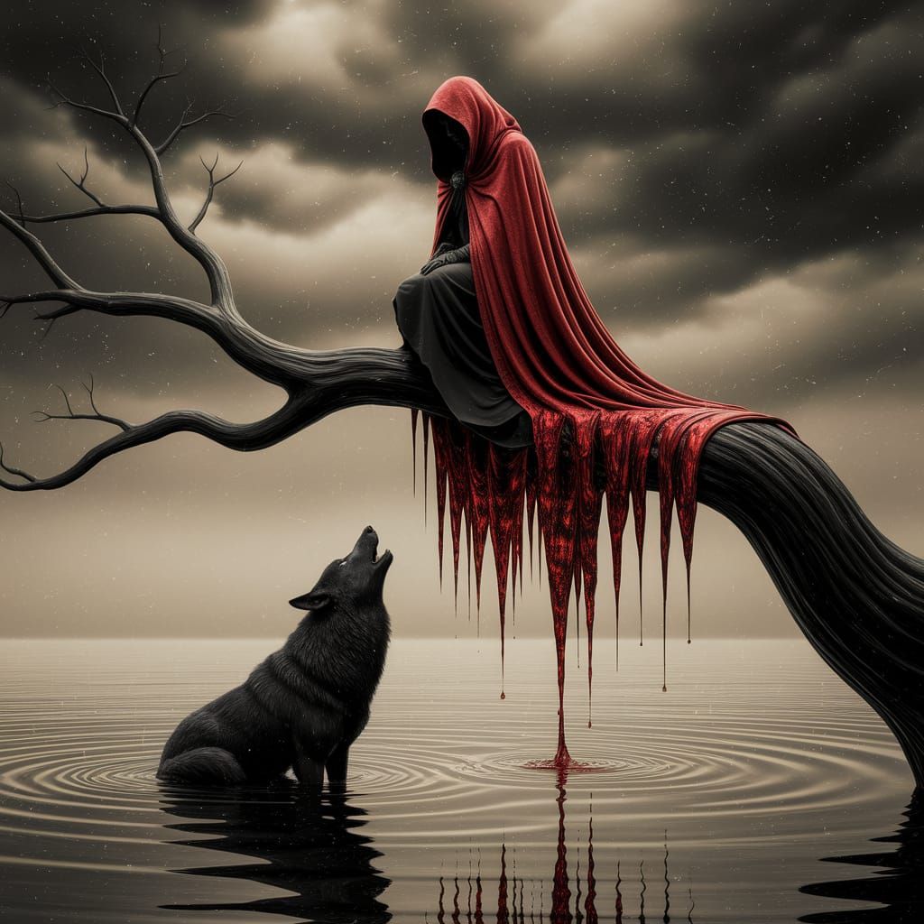 Gothic Hooded Figure Over Reflective Water with Black Wolf