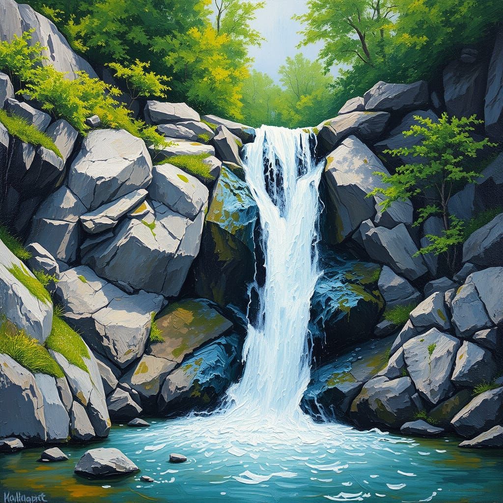 Cascading Waterfall in Impasto Style