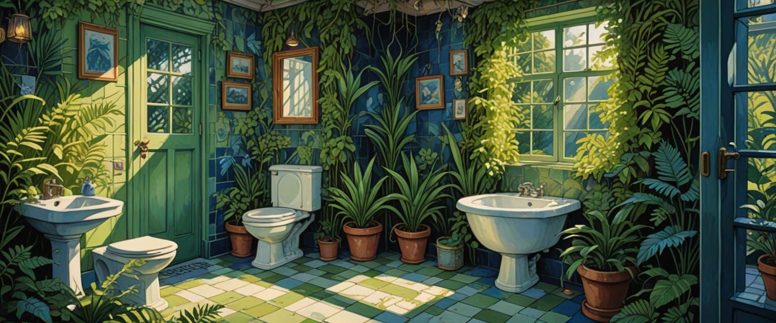 Outdoor Bathroom in Comic Book Style with Ferns