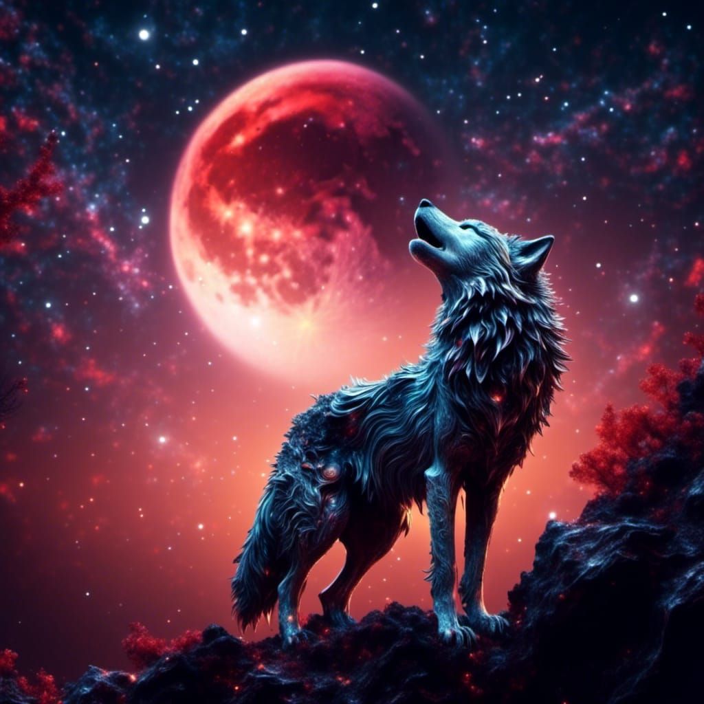 Wolf Howling at Moon with Dark Sparkle Effect