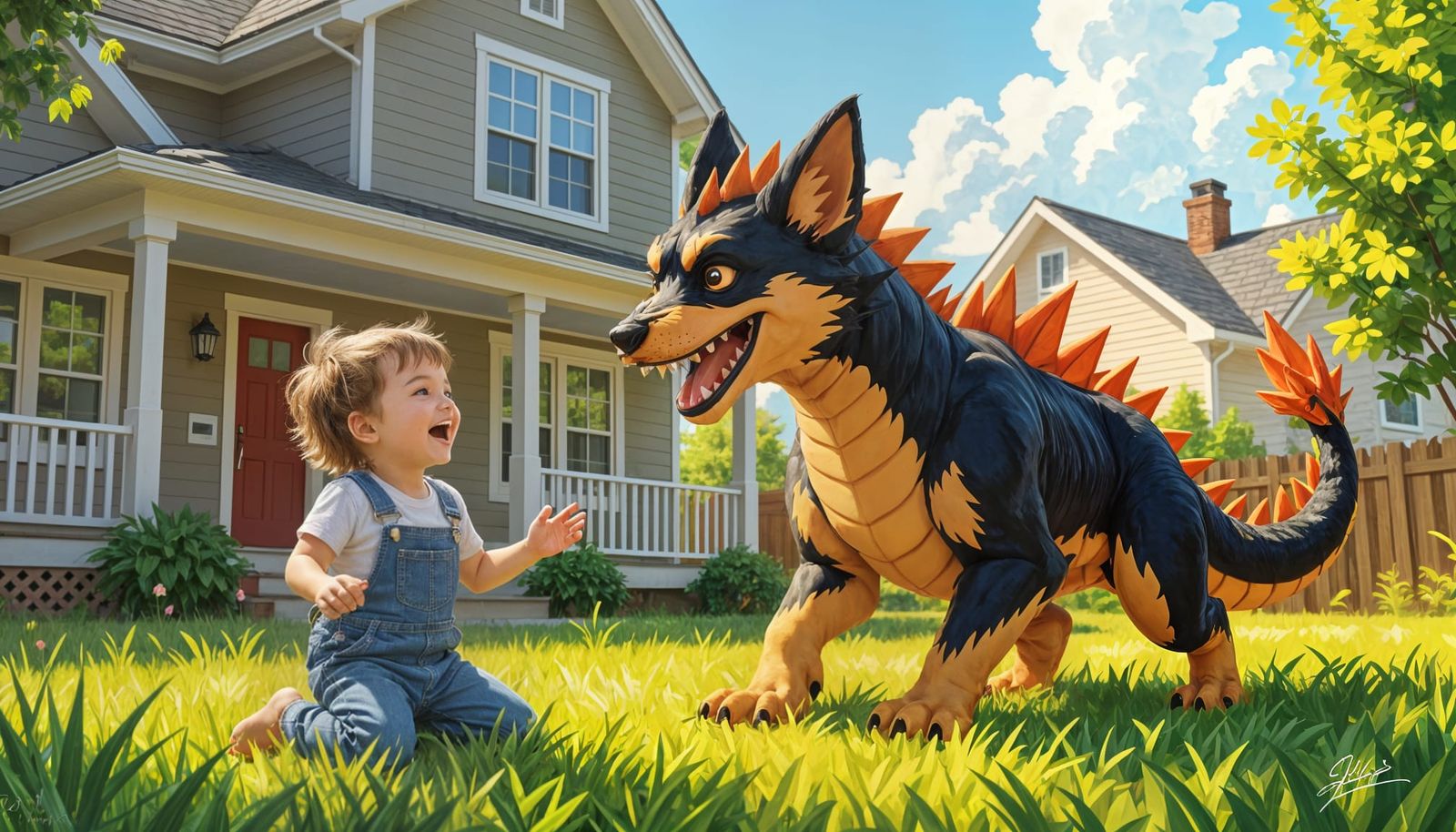 Child Plays With German Shepherd Dragon in Yard