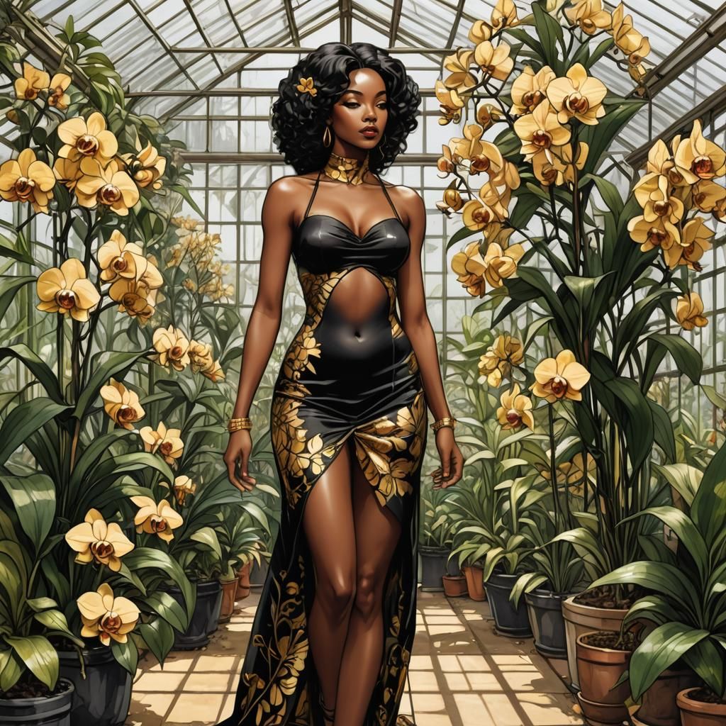 Black Nude with Orchids in Comic Book Style