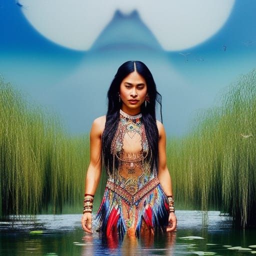 Cheyenne Woman in Pond: Detailed Matte Painting