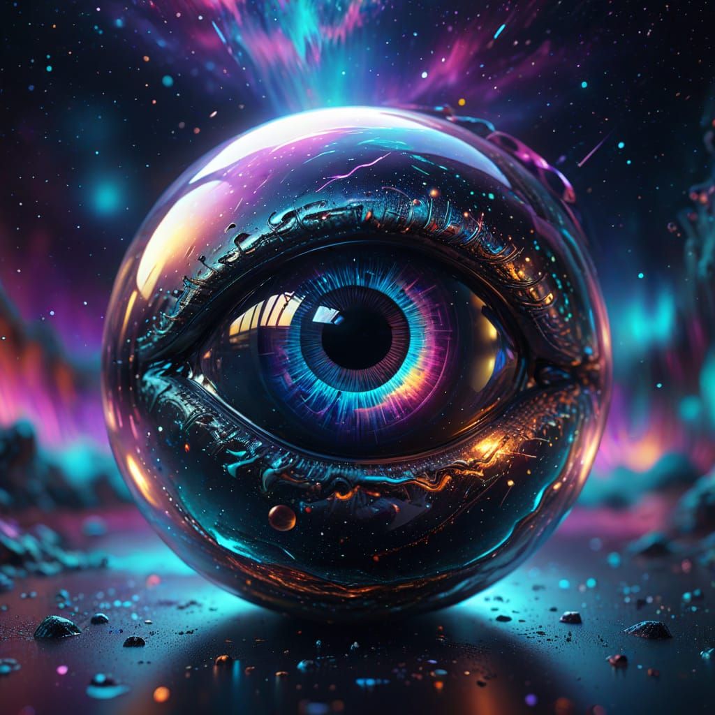 Surreal Eye Sphere Floating in Space: Dreamlike Digital Art