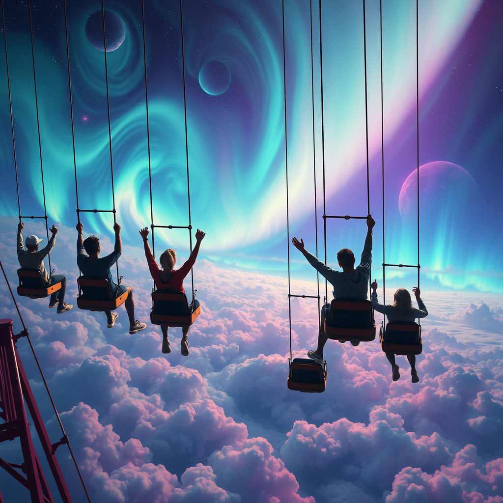 Thrill-Seekers Amidst Aurora Borealis in Digital Art