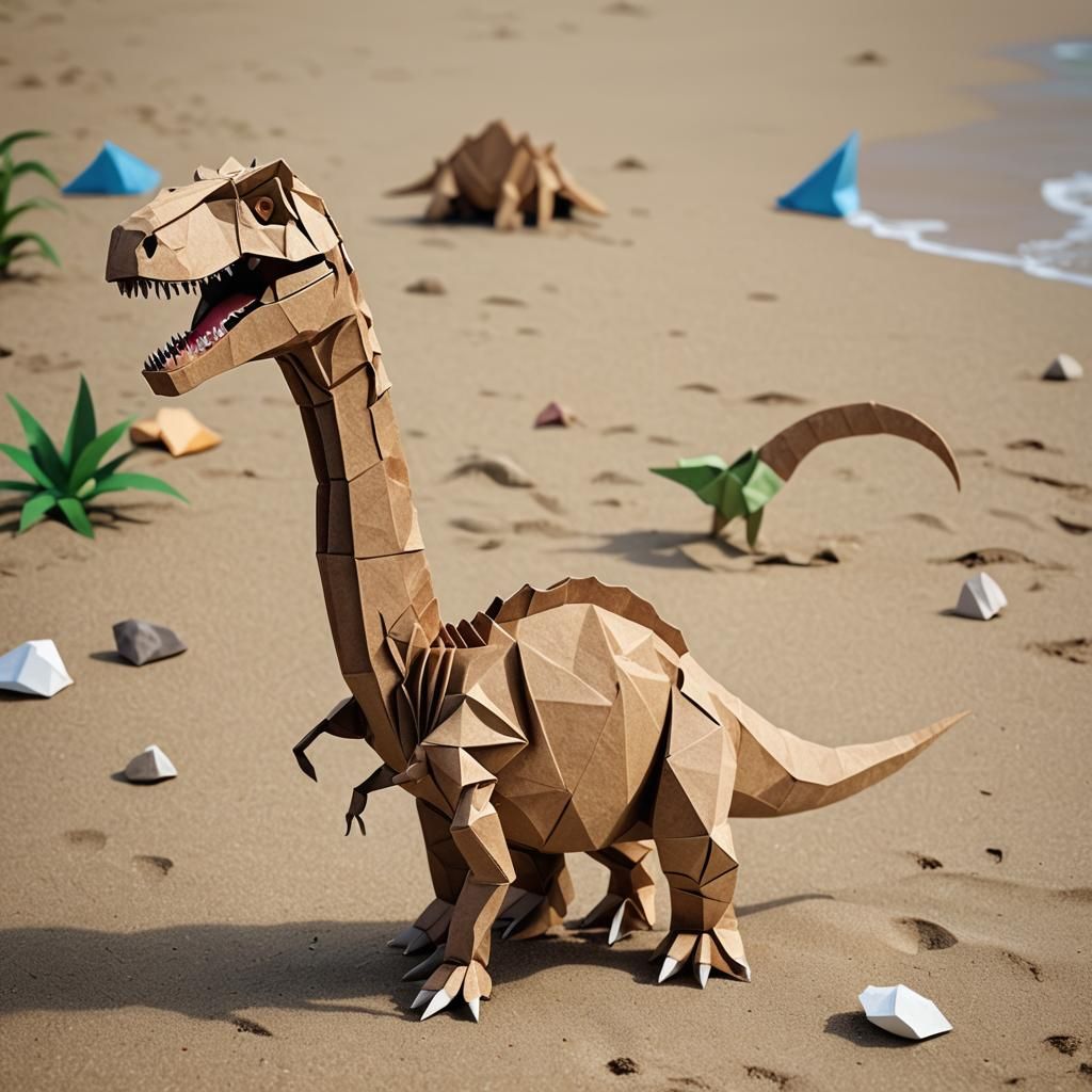 Mutant T-Rex on Beach in Origami Style