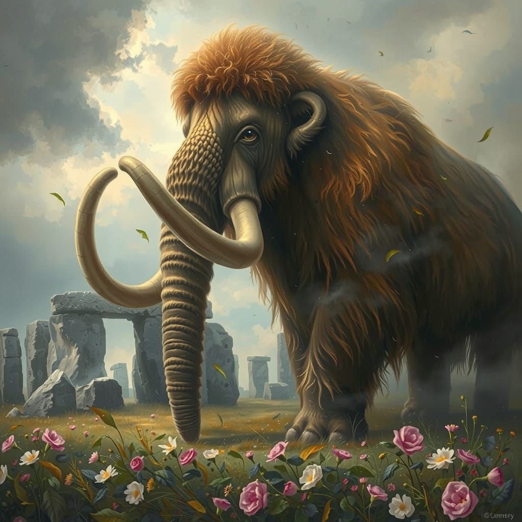 Wooly Mammoth Roams Ancient Stonehenge as Oil Painting
