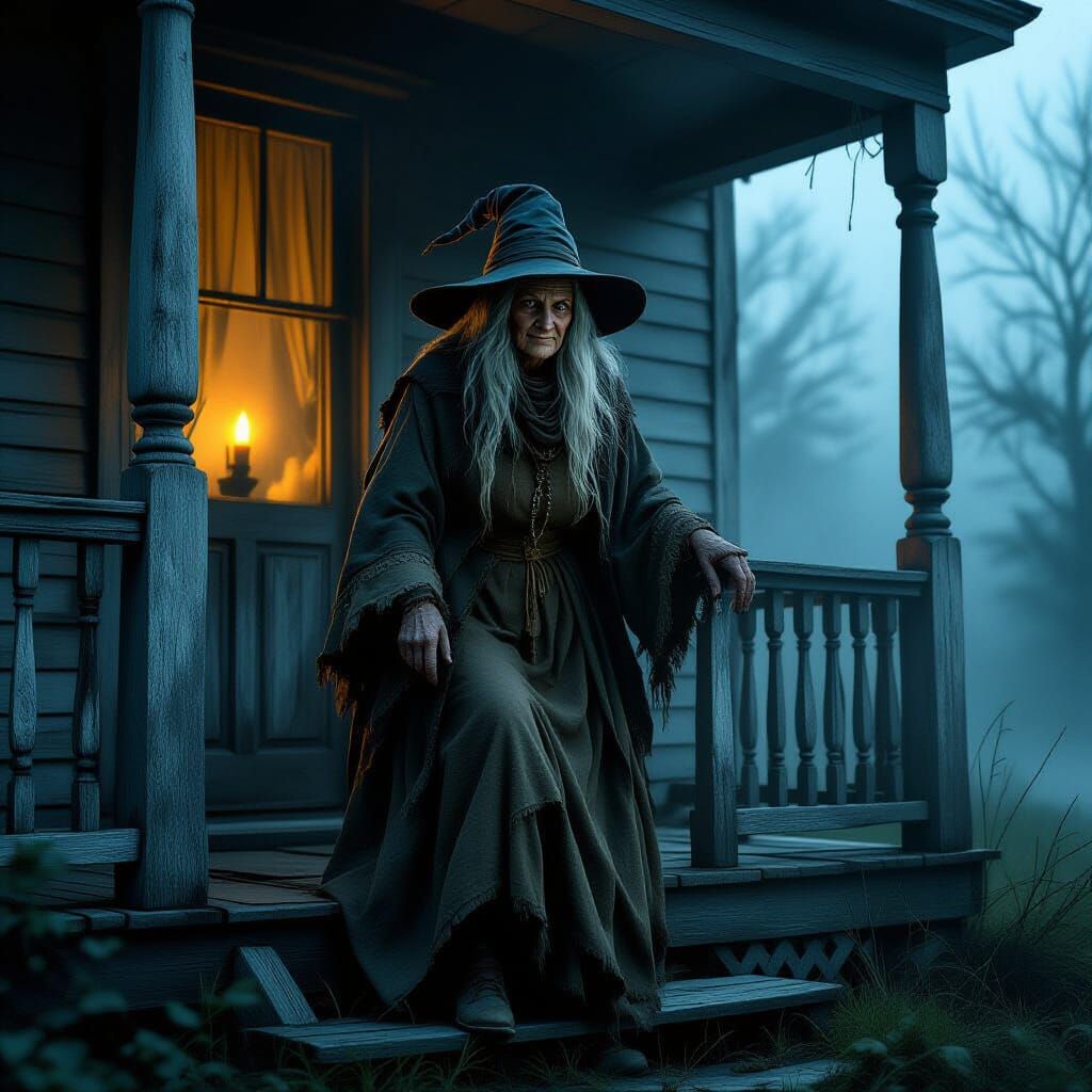 Witch on Porch in Gritty Realism Style