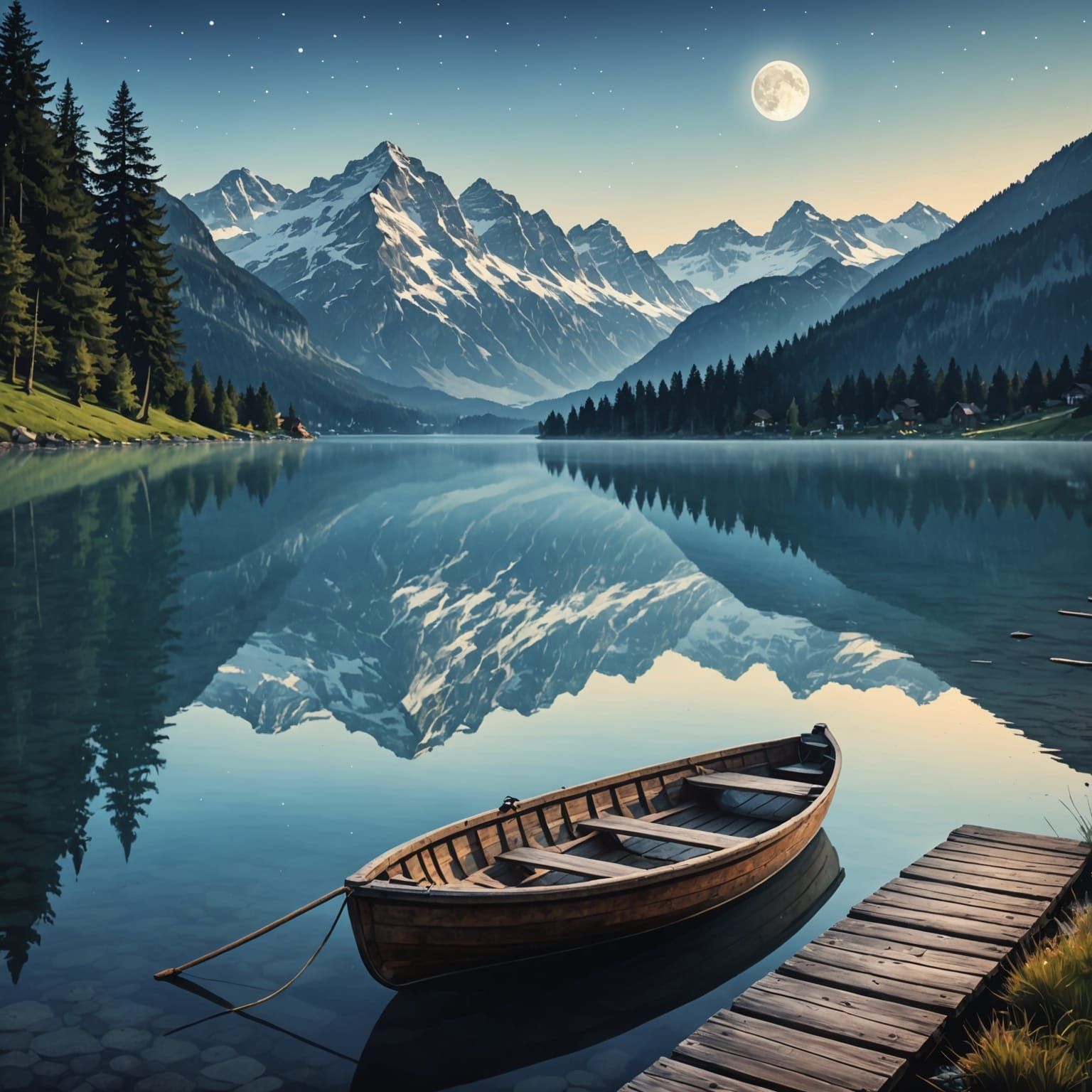 Serene Alpine Lake Under Moonlit Swiss Alps