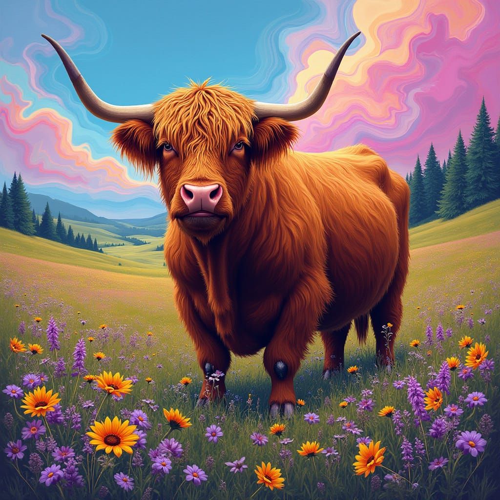 Highland Cow in Psychedelic Meadow, Neo-Impressionist Style