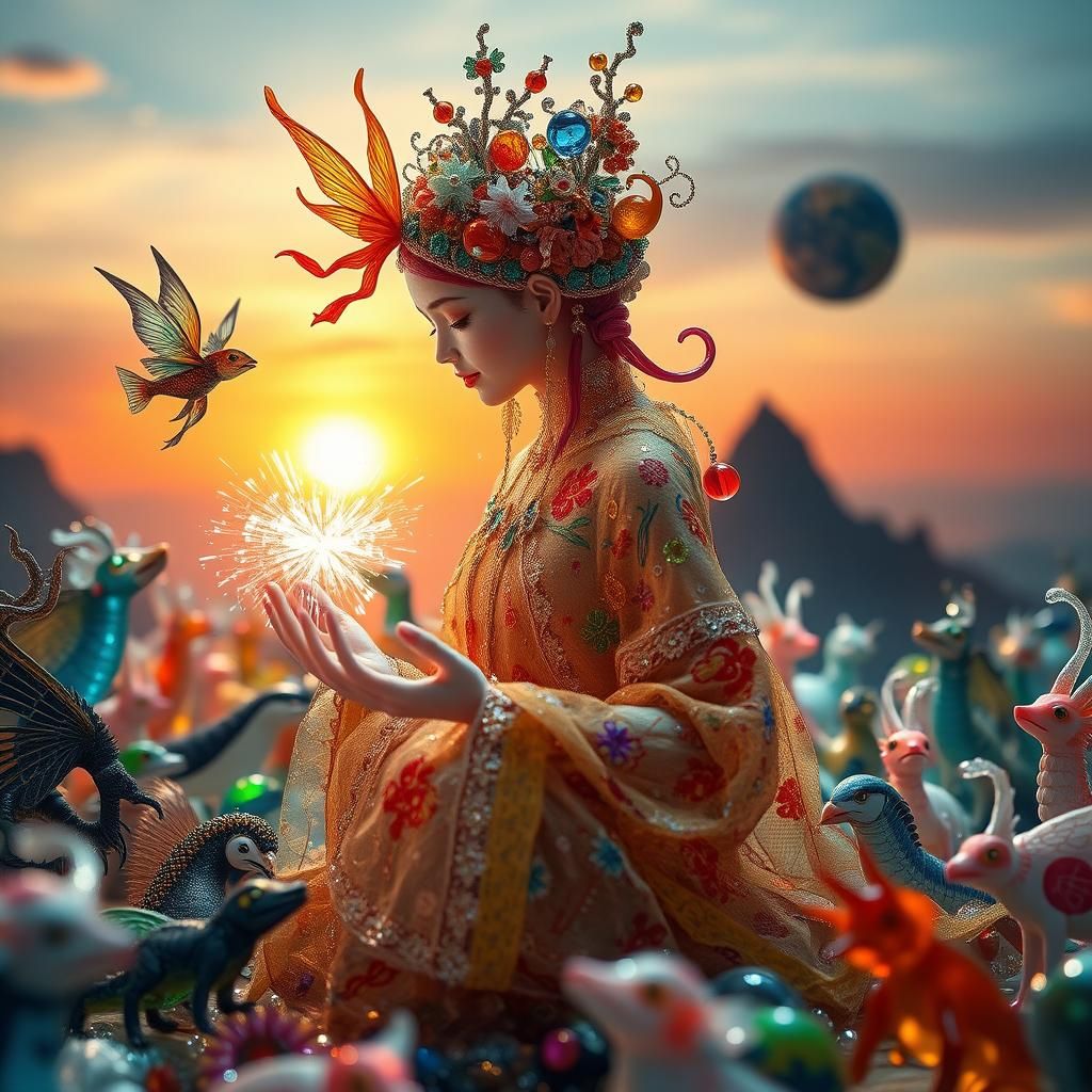 Enameled Glass Figurines in Surreal Biomorphic Scene