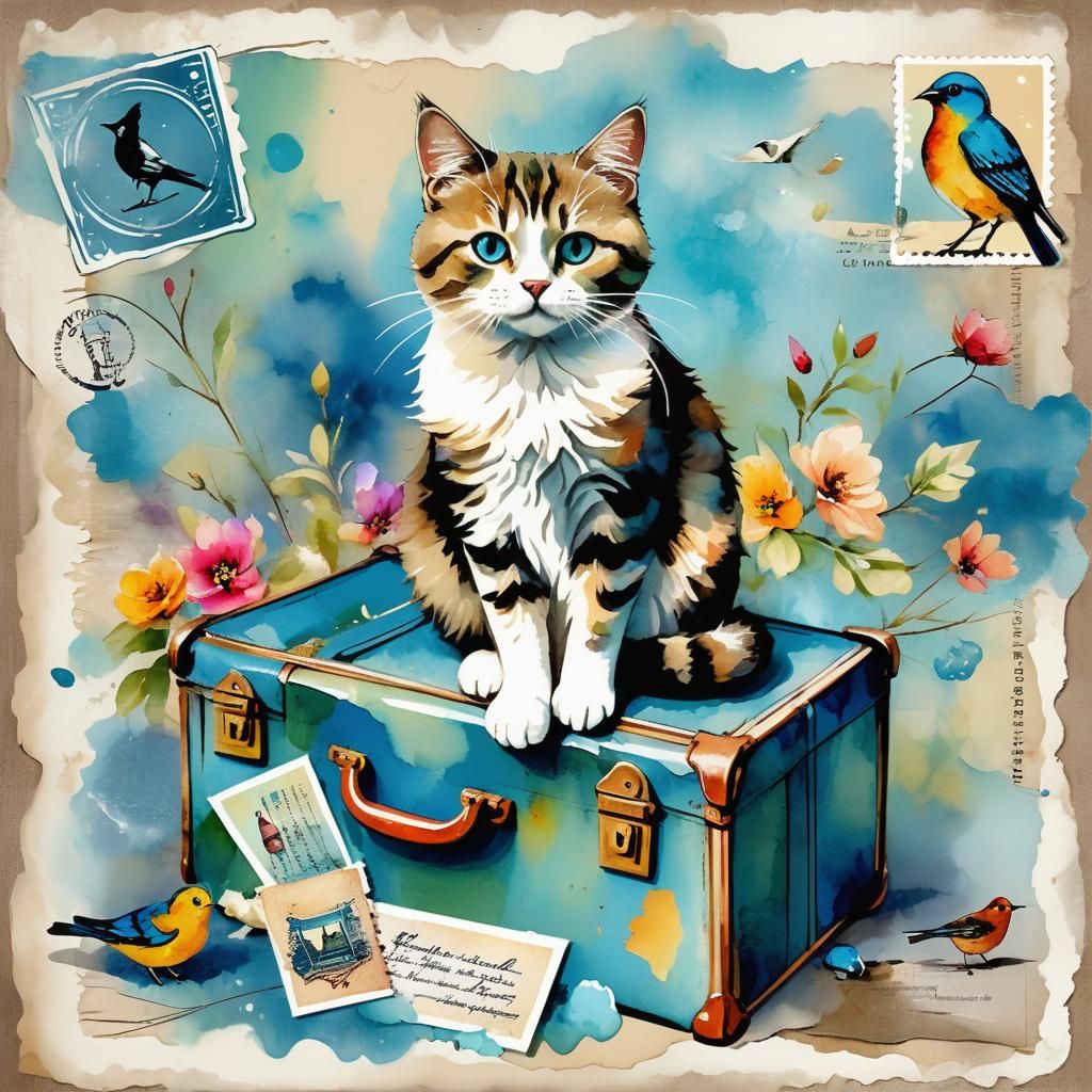 Grungy Vintage Postcard with Impasto Brushstrokes and Cute C...