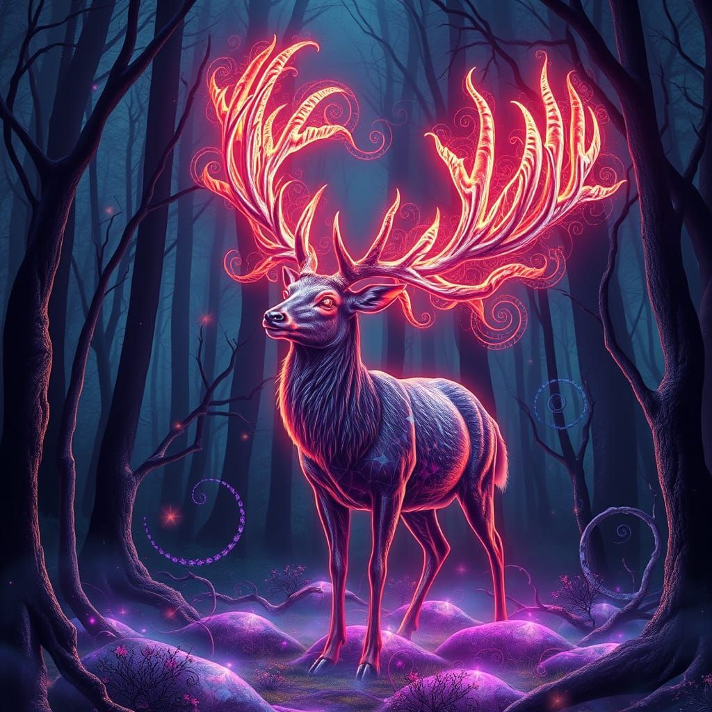 Ethereal Deer in Mystical Forest: Fractal Art
