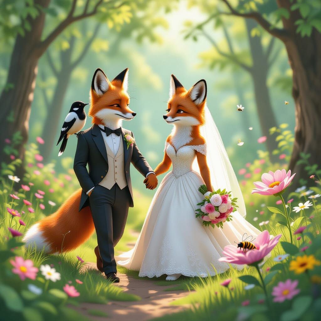 Fox Wedding in Whimsical Forest, Watercolor Illustration