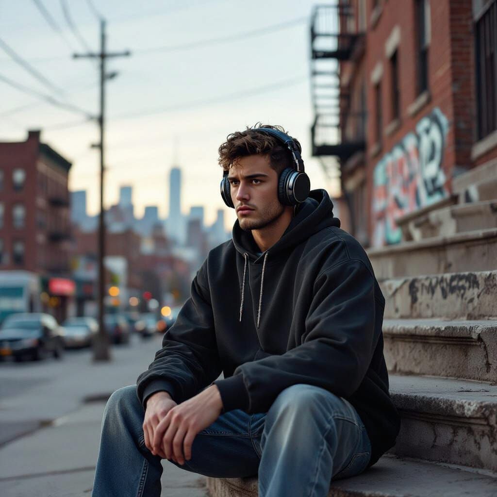 Melancholic Man on Bronx Steps with Headphones