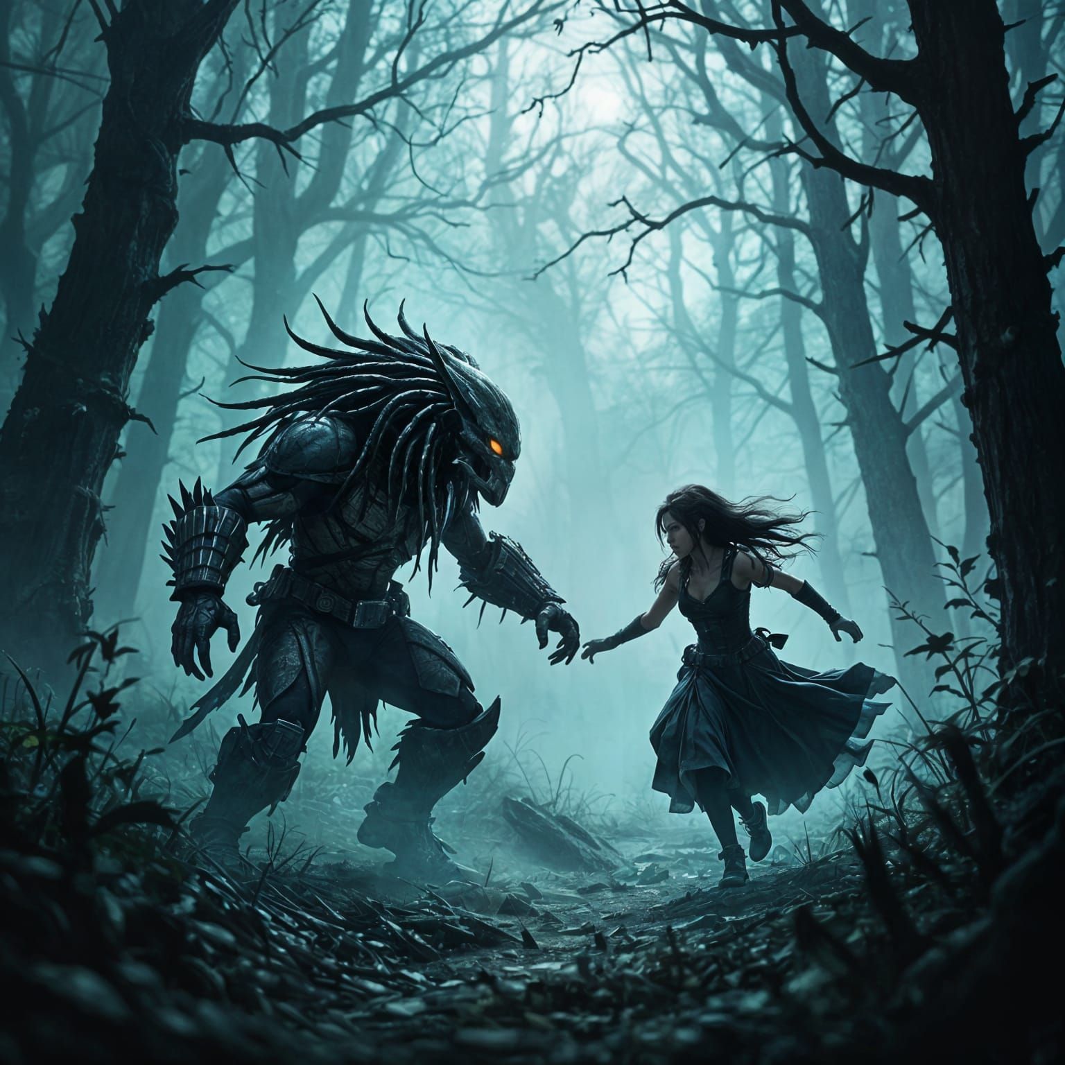 Predator Stalks Frightened Anime Character in Misty Forest