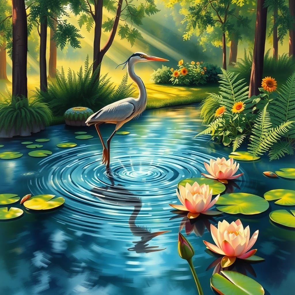 Heron in Serene Summer Oasis