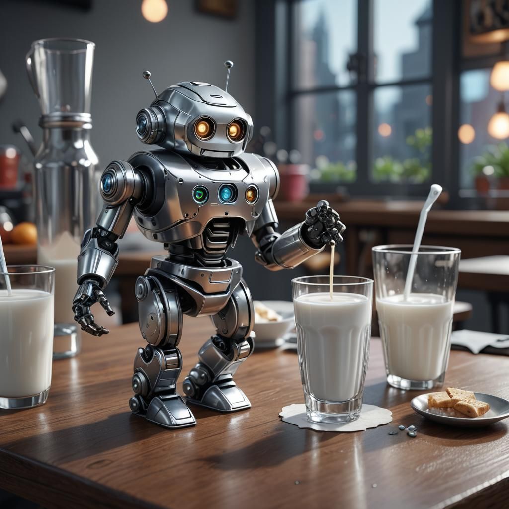 Cute Silver Robot with Milk Cartoon