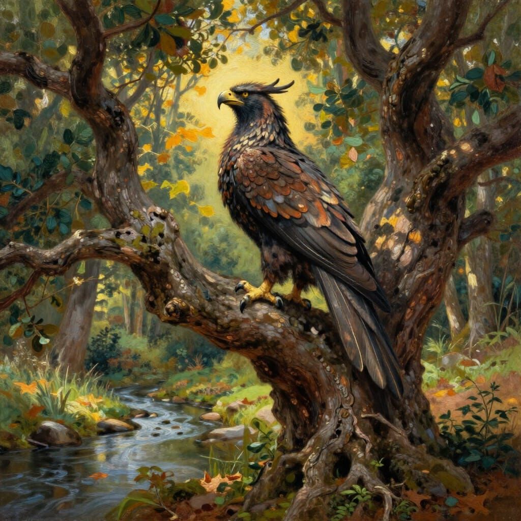 Majestic Griffin on Ancient Oak in Oil Painting Style