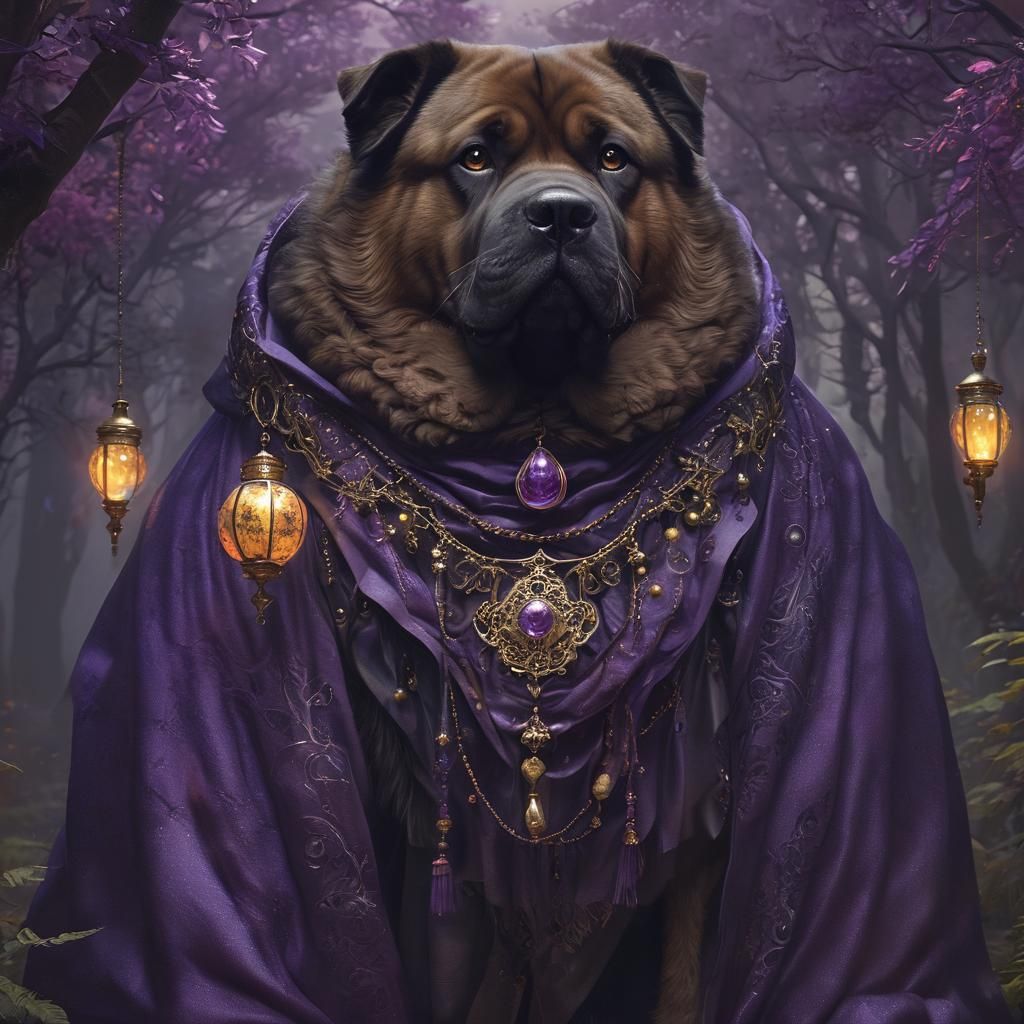 Mystical Fat Dog in Eerie Forest