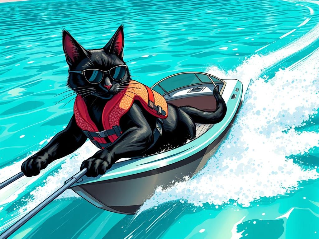 Futuristic Feline Rides the Turquoise Waves