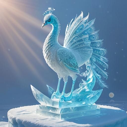 Intricate Ice Peacock Sculpture in Winter Sunlight