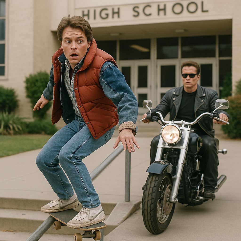 Teenage Marty McFly on Skateboard, Chased by Terminator in G...