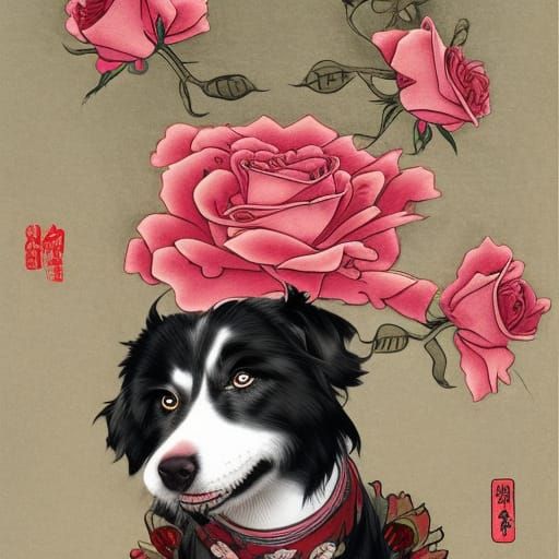 Dog Holding Roses in Detailed Digital Painting