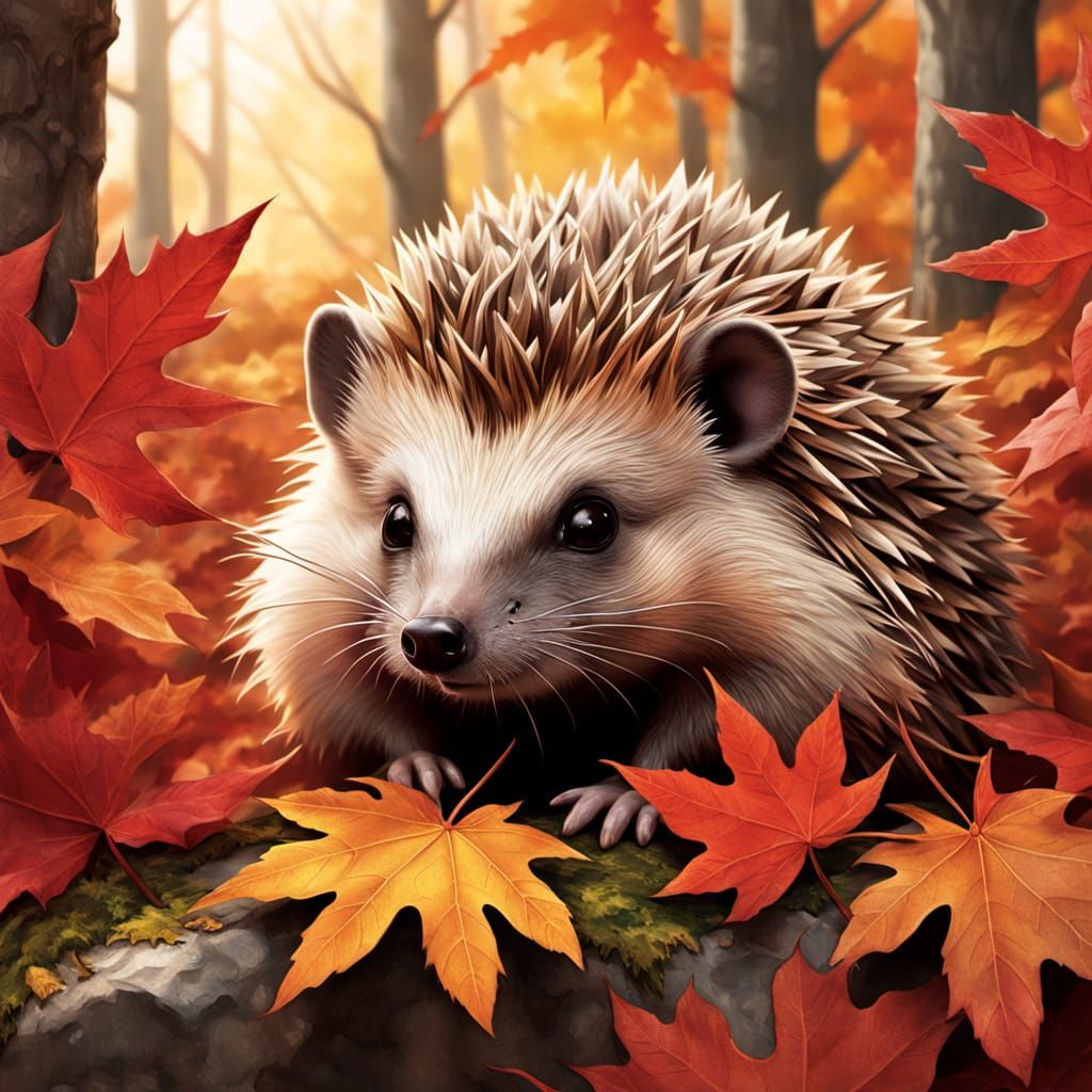 Detailed Hedgehog Peeking From Autumn Leaves