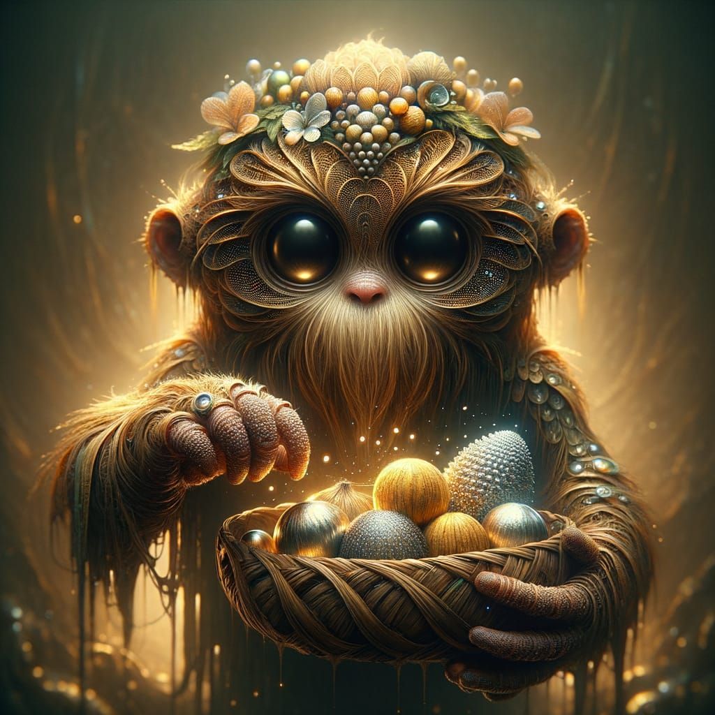 Golem Offering Magical Bananas in Synthwave Lighting