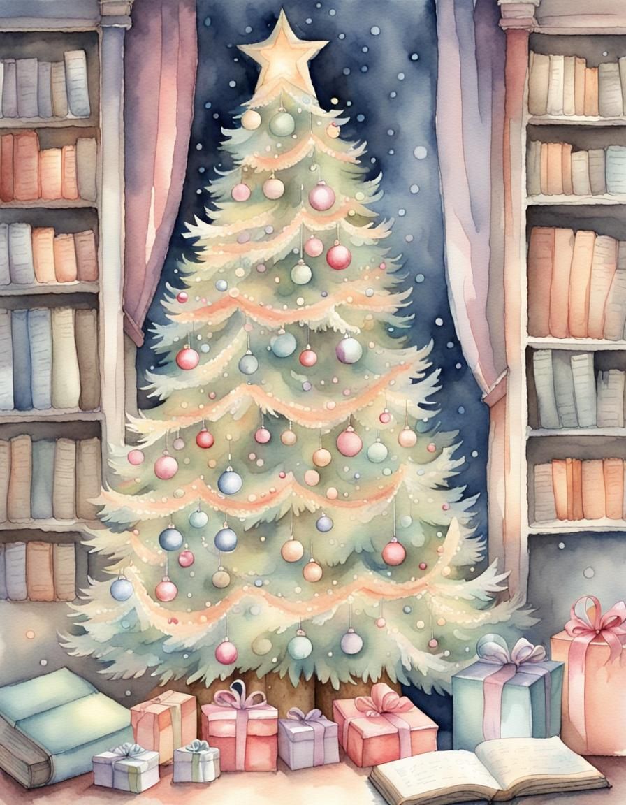 Pastel Christmas Tree Watercolor Book Illustration