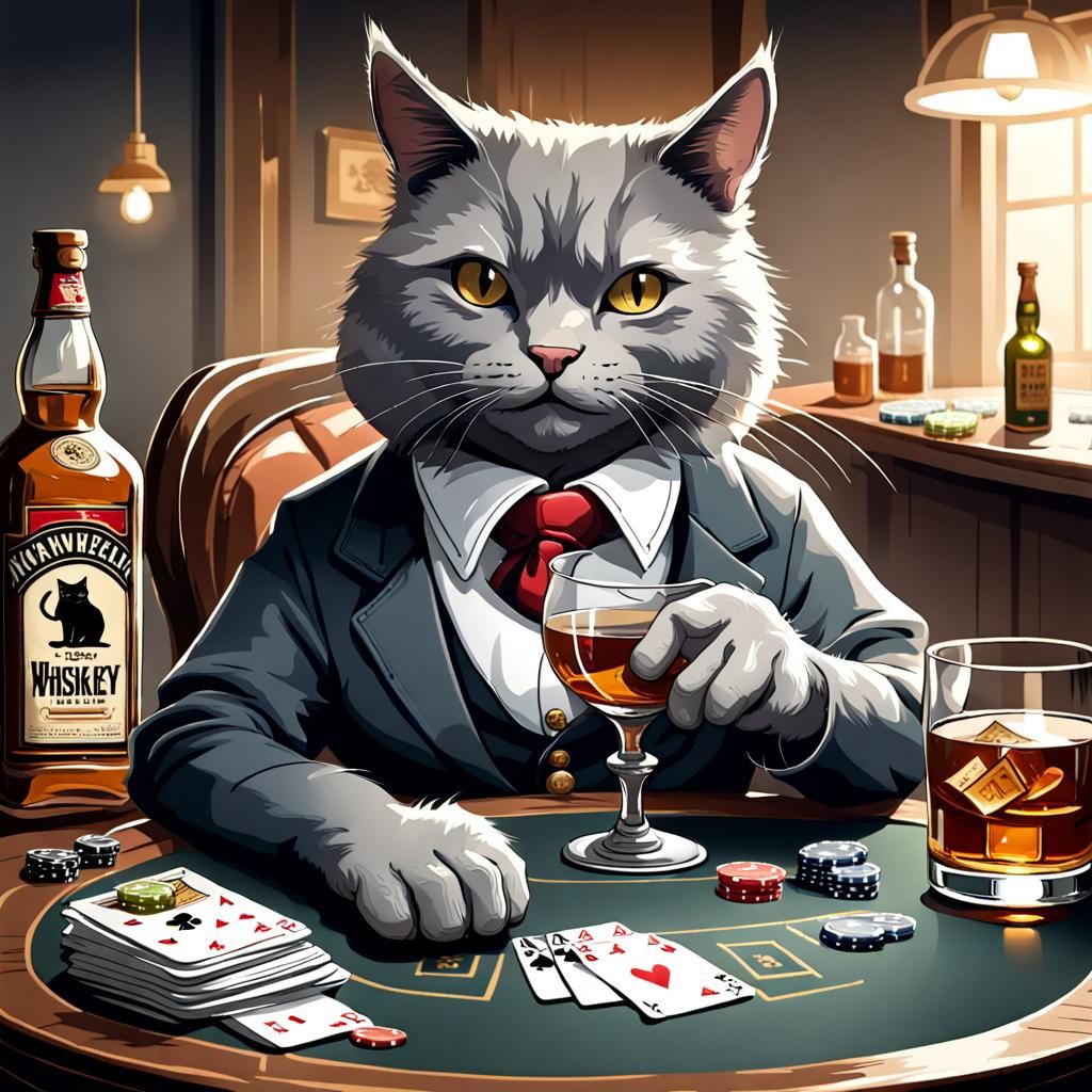 Grey Cat Playing Poker with Whiskey