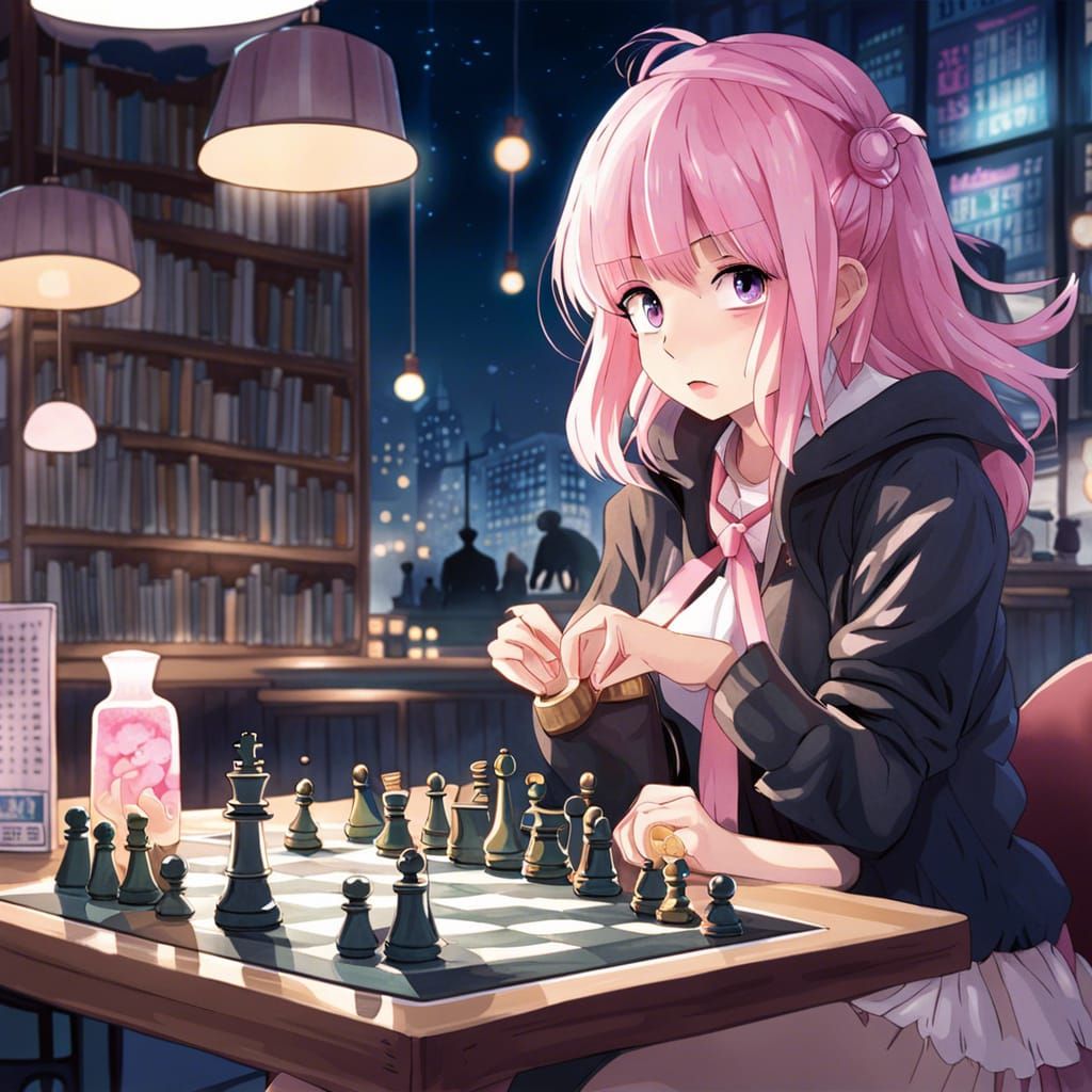 Pink-Haired Girl's Chess Game: Anime Watercolor